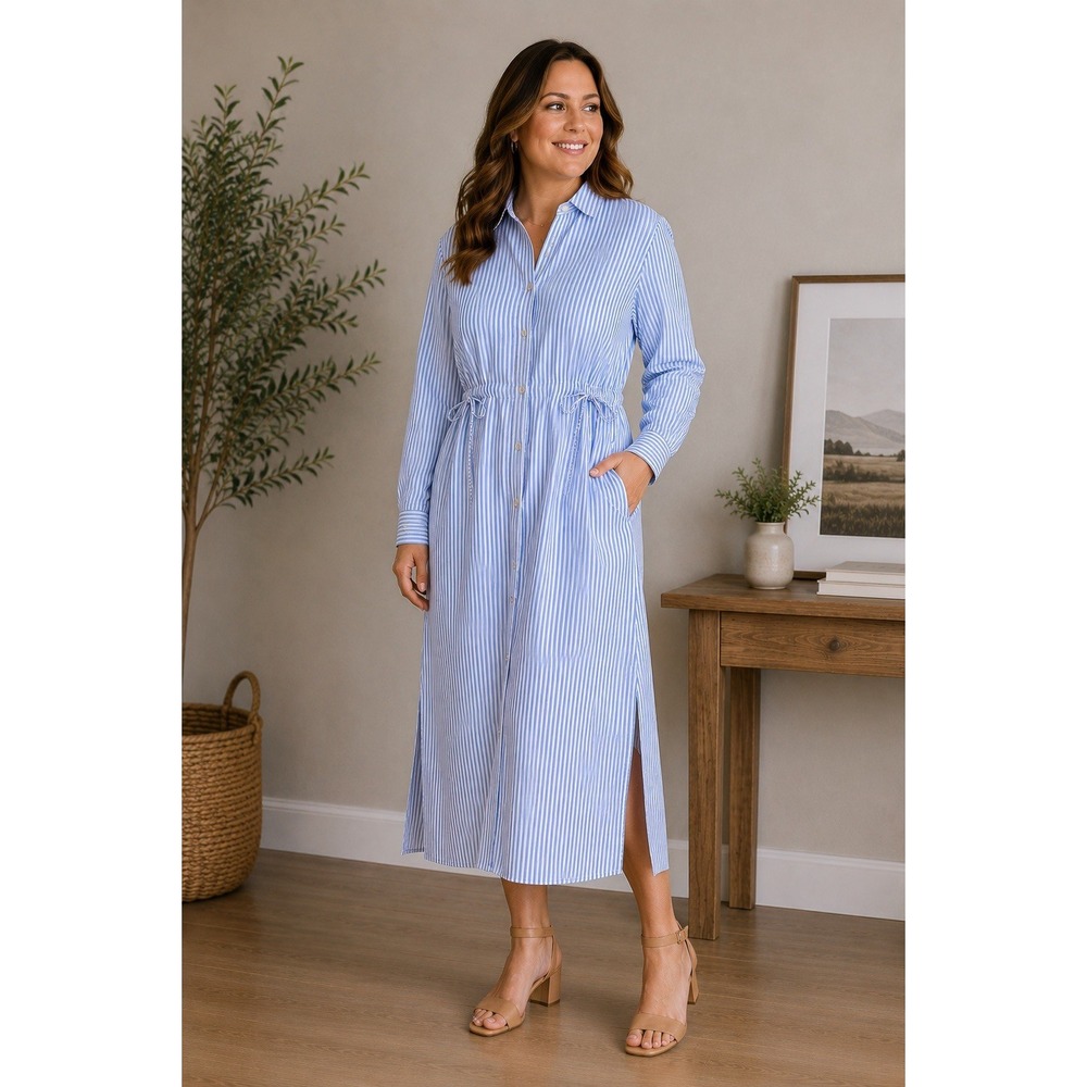 Striped Poplin Shirt Dress Collared Cotton Button Long Sleeve Tie Waist Sm Slits